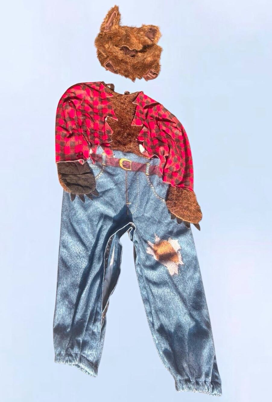 Kids Werewolf Costume Complete Outfit Hood Mask Headpiece Plaid Shirt Pants 3/4T